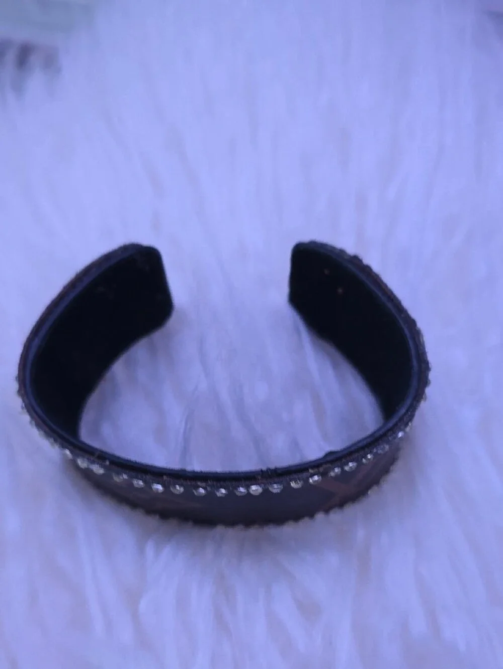 Designer-Style Brown Monogram Leather Cuff Bracelet with Crystal Trim